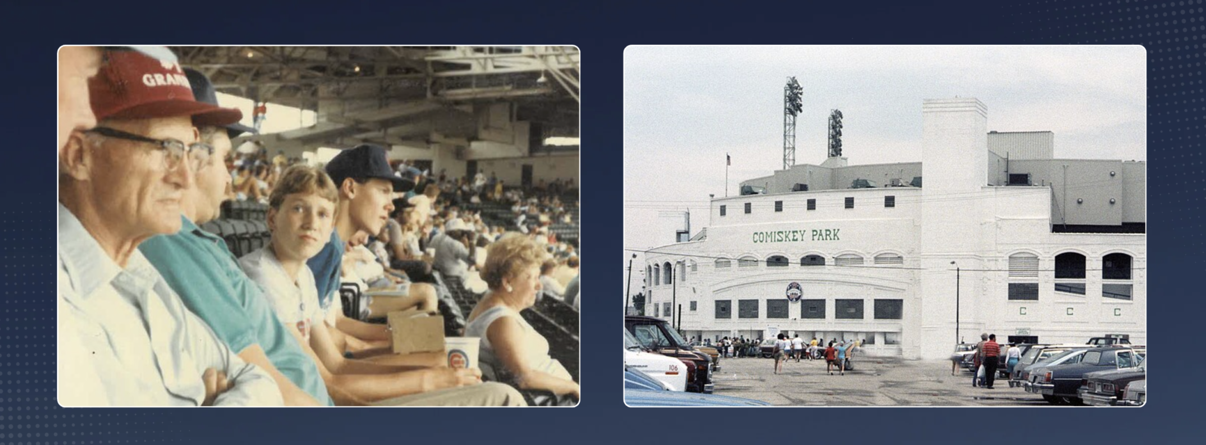 Side by side photos of young Treasurer Frerichs with relatives at a baseball game and exterior view of Old Comiskey Park