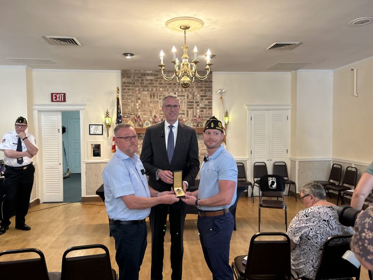 Illinois Treasurer Michael Frerichs today returned a lost Purple Heart medal to the grandson of a World War II veteran who earned it while fighting to liberate Germany. The medal earned by Private First-Class Edward Gorski Jr. was returned to his grandson, Shawn Gorski, who also served in the Army.