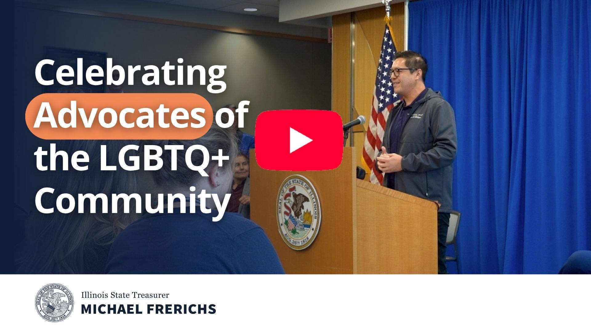 video: man on stage standing at a podium with written text "Celebrating Advocates of the LGBTQ+ Community"