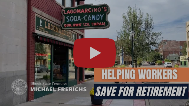 video: exterior of soda and candy shop. Text says Helping workers save for retirement