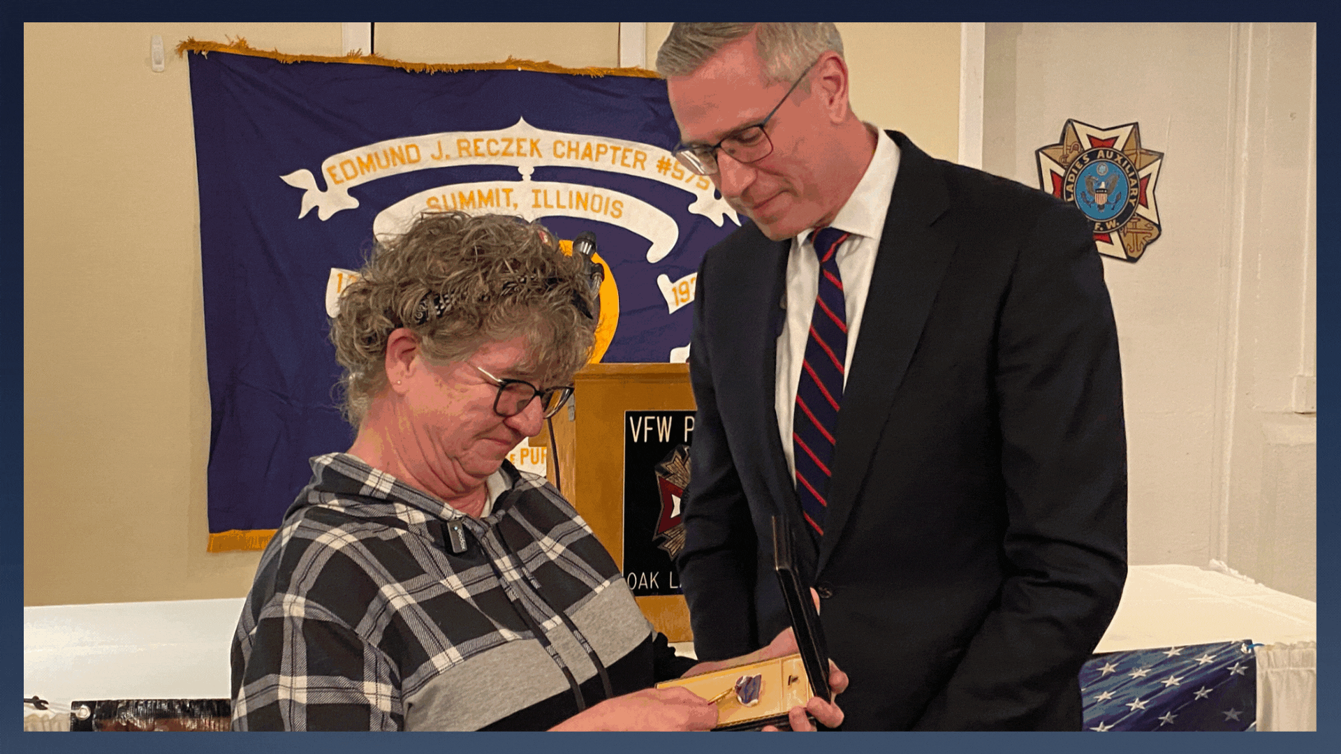 A GIF of several images showing Treasurer Frerichs presenting a Purple Heart to the niece of the World War II veteran who earned it