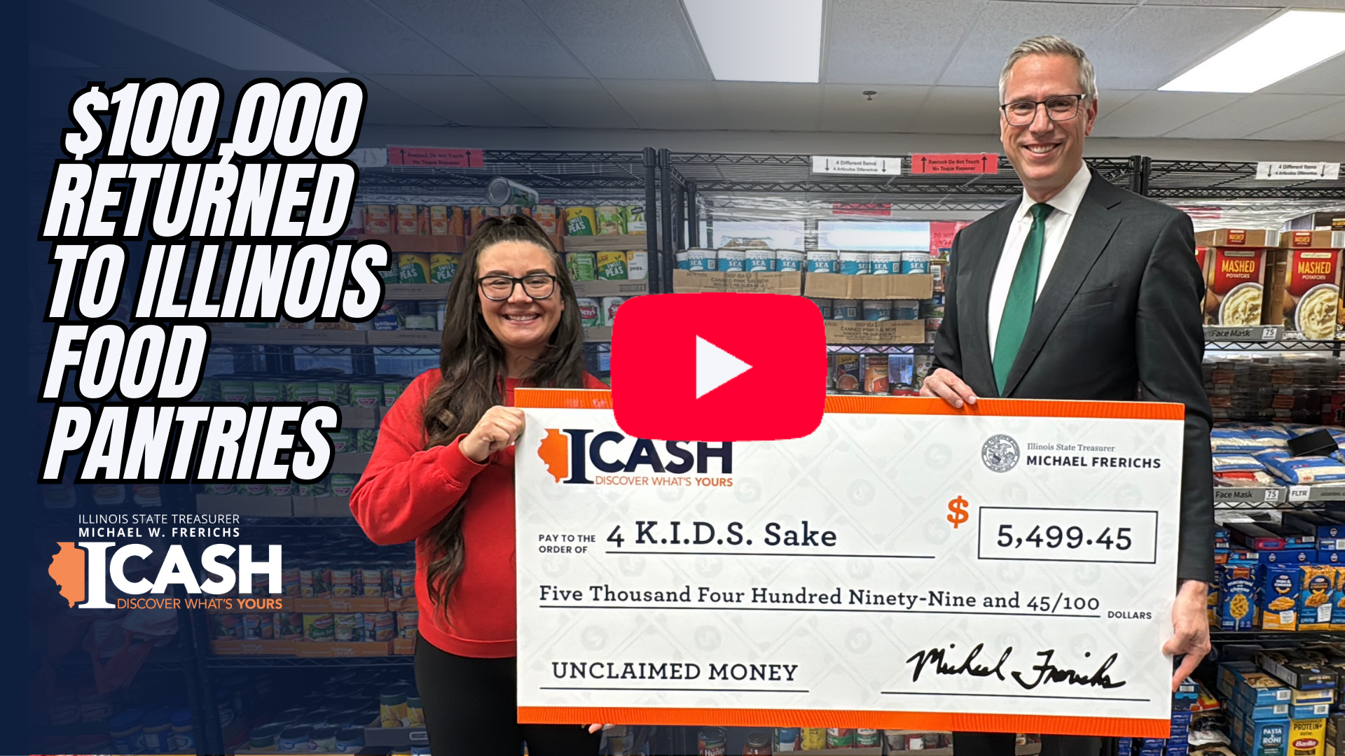 video: Illinois State Treasurer Michael Frerichs standing with a woman holding a large check