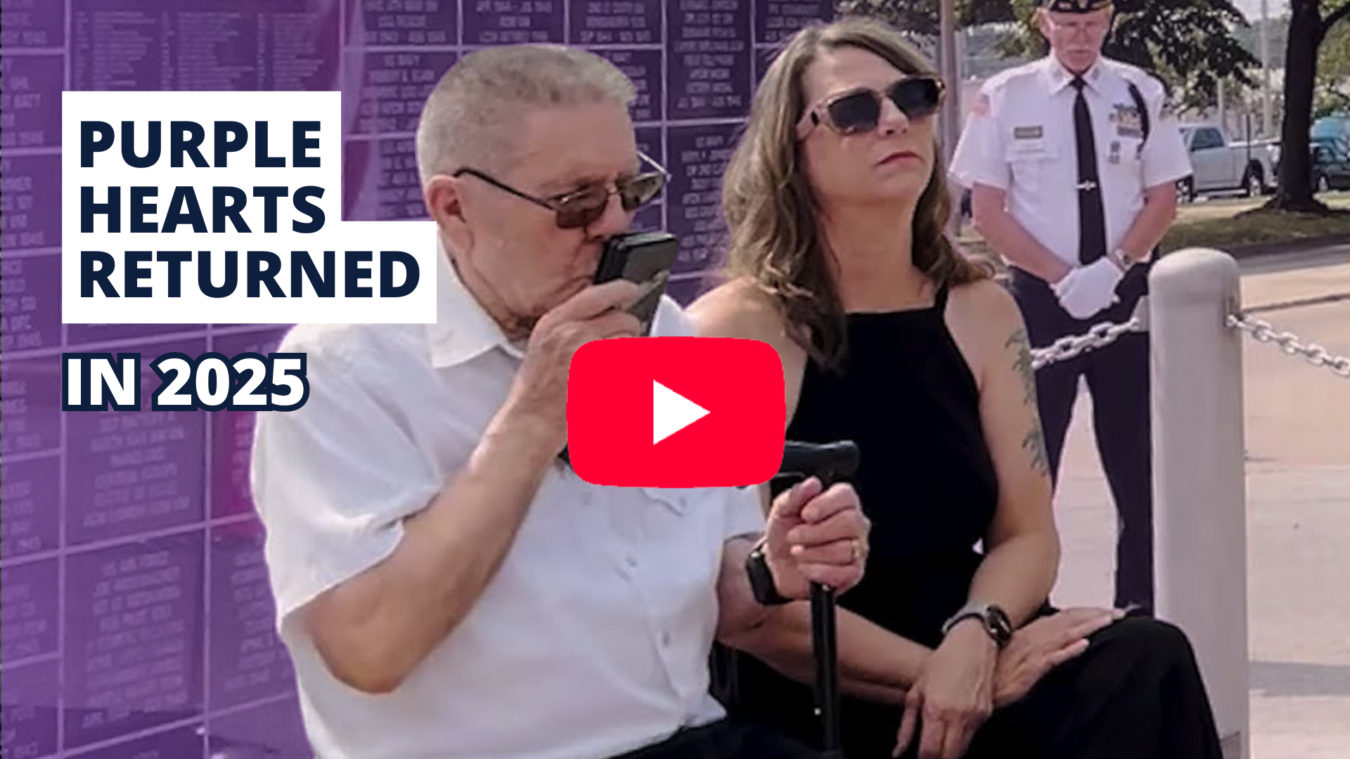 video: An older man in a white shirt, seated next to a woman in a black dress. He is kissing the case holding his late brother's Purple Heart medal