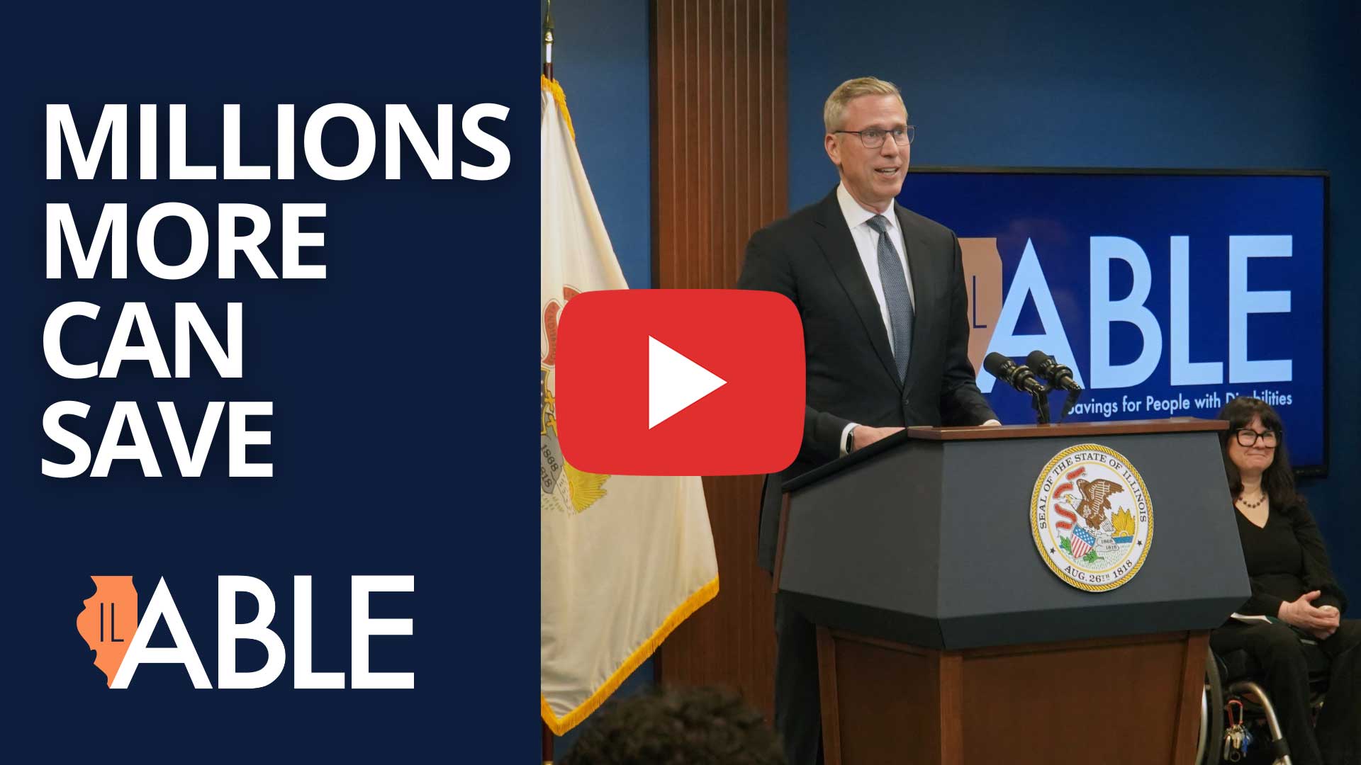 Video: Millions More Can Save. IL ABLE. Treasurer Frerichs speaking at a podium