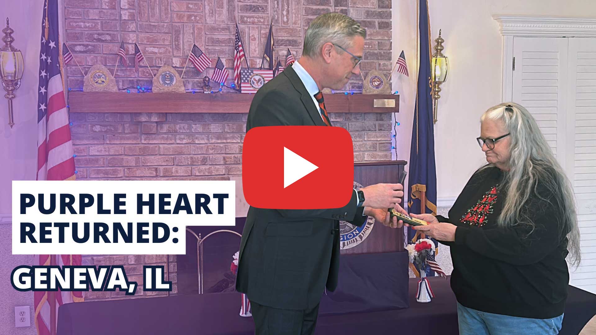 video: Treasurer Frerichs returns a Purple Heart medal to the daughter of the man who earned it. Text says Purple Heart Returned, Geneva, IL