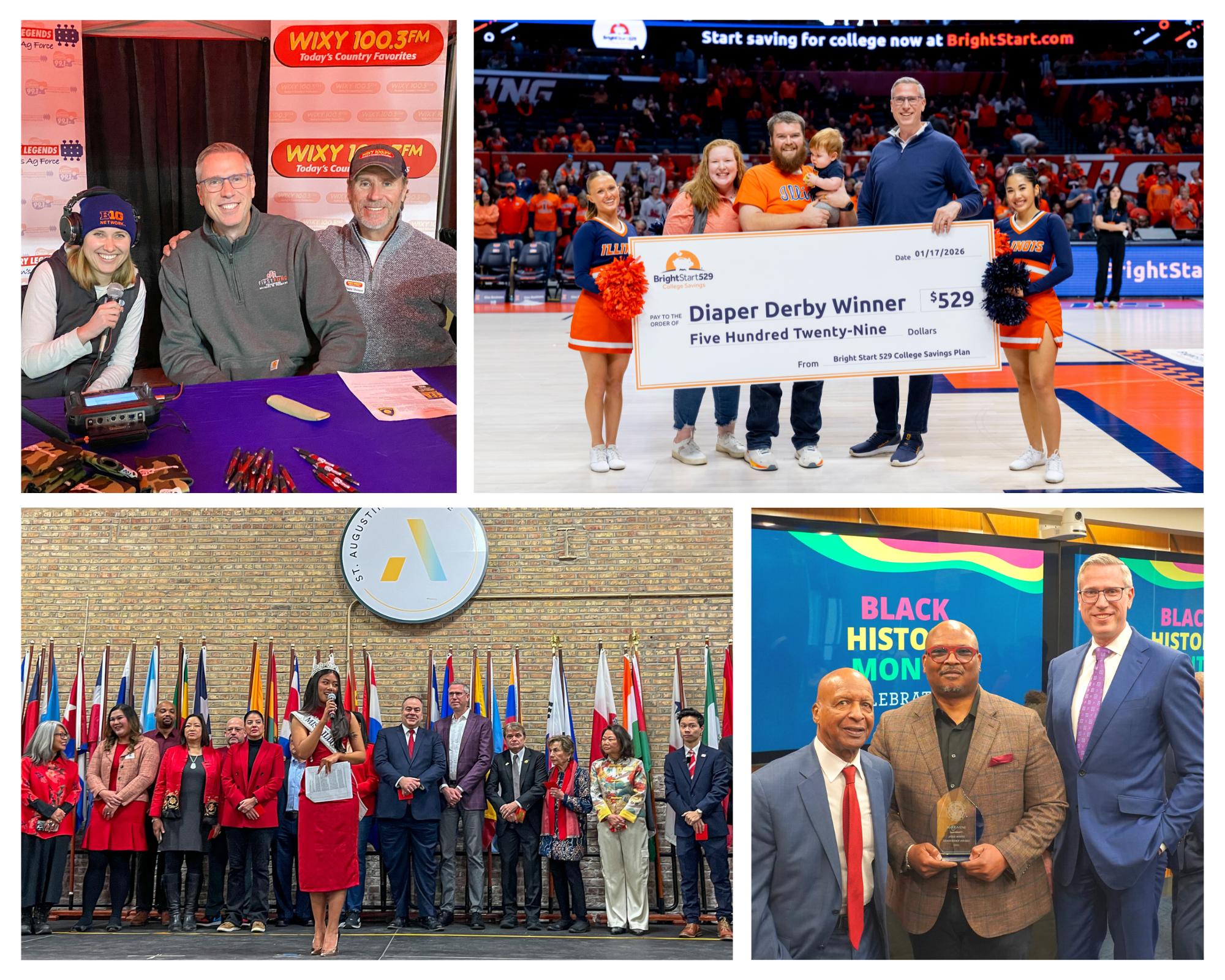 Collage of 4 photos: Treasurer Frerichs interviewed on radio, Treasurer Frerichs presenting check to family, Treasurer Frerichs with Jesse White and Black History Month award recipient, group of people at Lunar New Year event