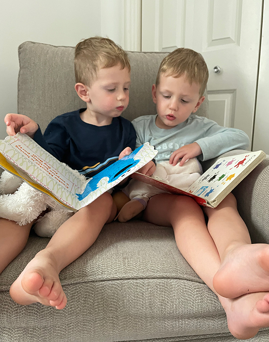 Twin toddlers sitting on a chair, each holding a book